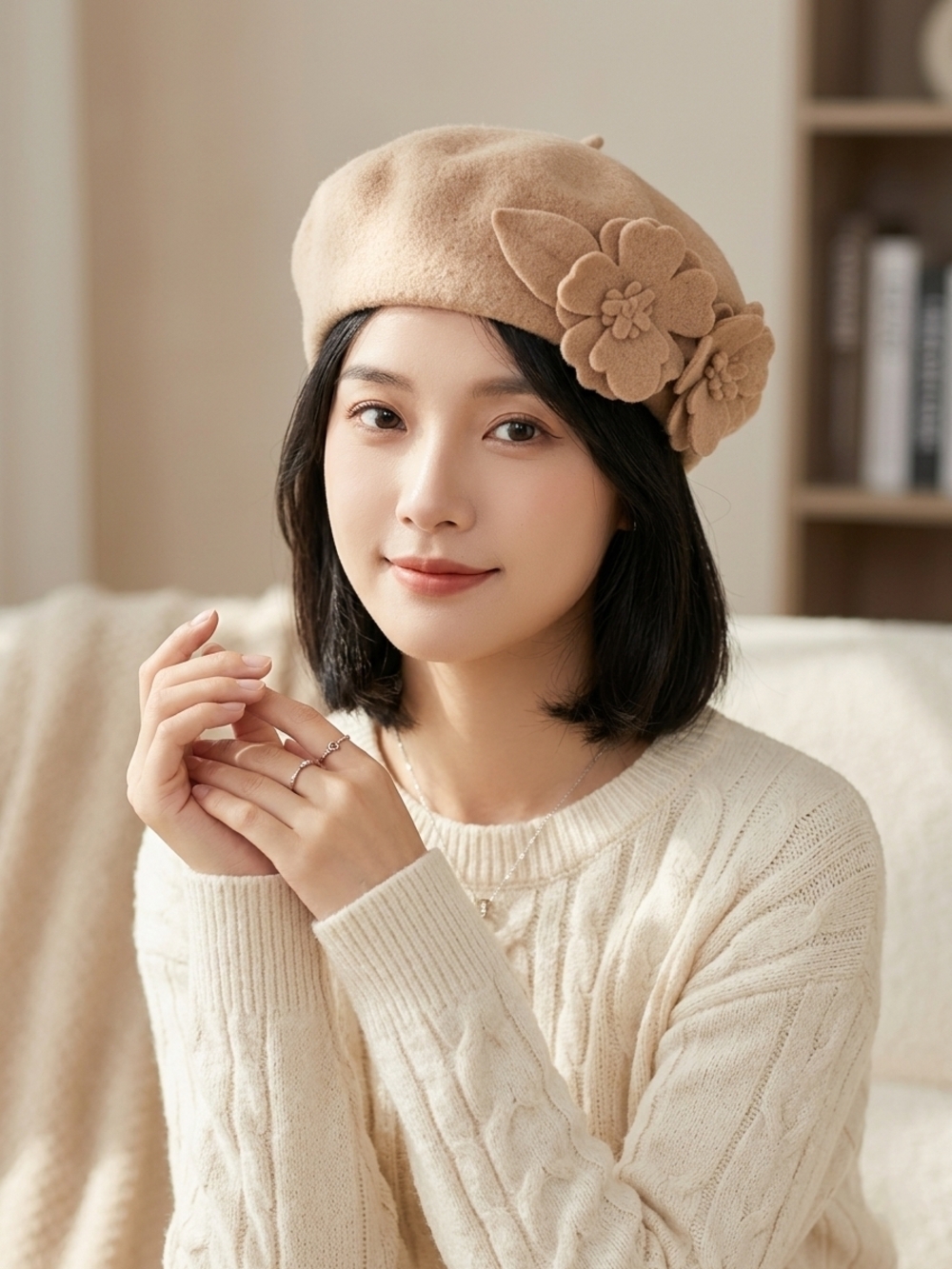 Classic Cream Floral Wool Beret for Women